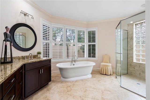 bathroom featuring vanity, ornamental molding, and plus walk in shower