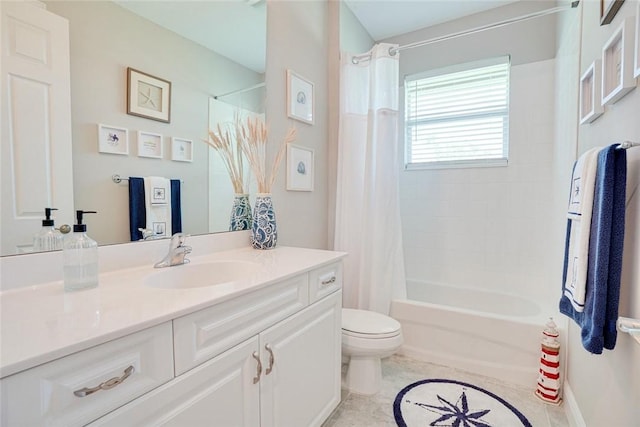 bathroom with toilet, tile patterned floors, shower / bath combo with shower curtain, and vanity