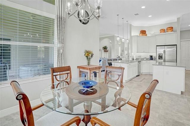 dining room featuring recessed lighting, an inviting chandelier, light tile patterned flooring, visible vents, and arched walkways