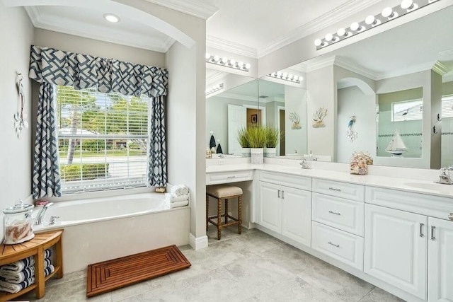 bathroom featuring crown molding, a sink, a bath, and double vanity