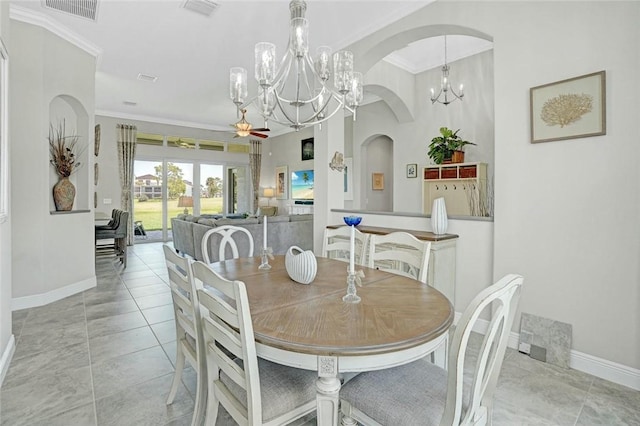 dining space with baseboards, visible vents, and ornamental molding