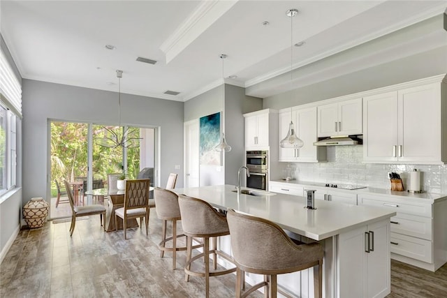 kitchen with sink, a kitchen island with sink, white cabinetry, and hanging light fixtures