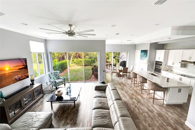 living room featuring sink, wood-type flooring, ceiling fan, and crown molding