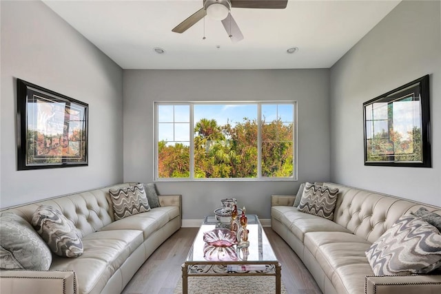 living room featuring ceiling fan and light hardwood / wood-style flooring