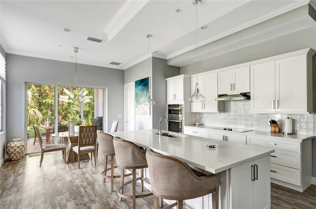 kitchen featuring white cabinets, hanging light fixtures, a kitchen island with sink, and sink