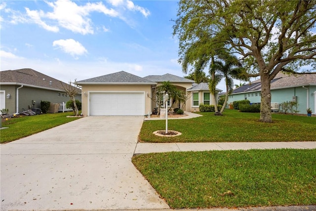 single story home with a front yard, an attached garage, driveway, and stucco siding