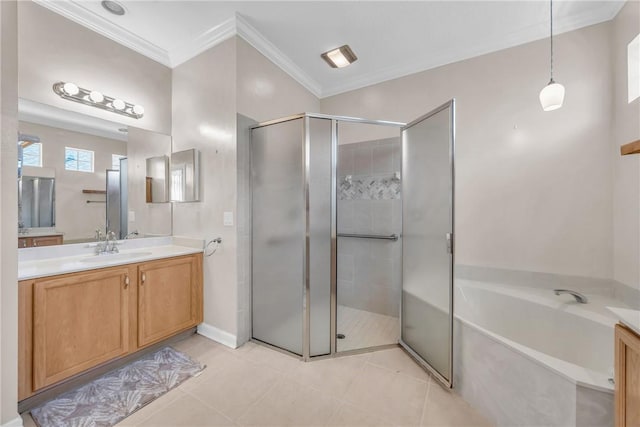 full bathroom featuring vanity, a bath, a shower stall, and ornamental molding