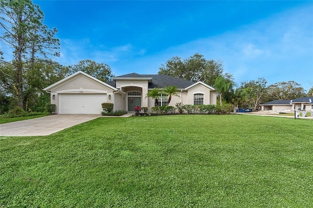 ranch-style home featuring a garage and a front lawn