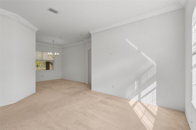 carpeted empty room with a notable chandelier and crown molding