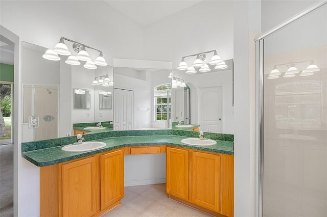 bathroom featuring plenty of natural light, vanity, and a shower with door