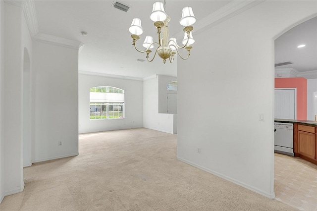 unfurnished room featuring a chandelier, light colored carpet, crown molding, and sink