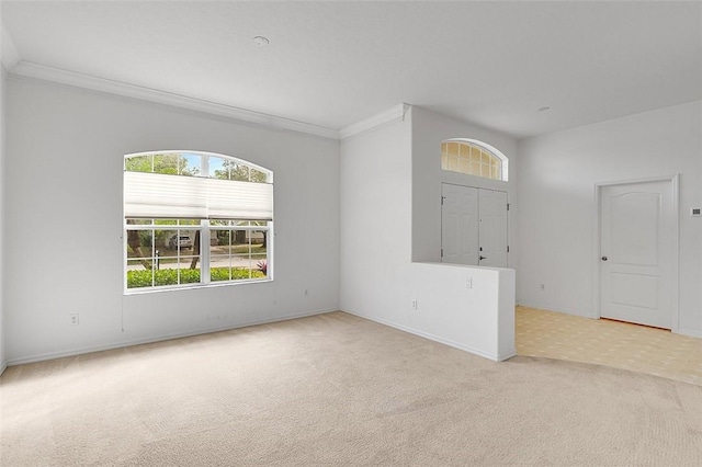 carpeted spare room featuring crown molding