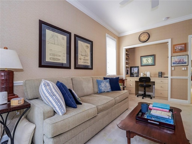 living room with ornamental molding and carpet