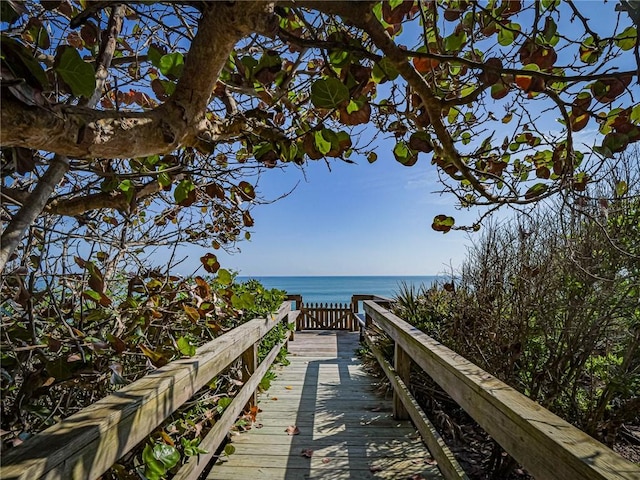 view of property's community featuring a water view and a beach view