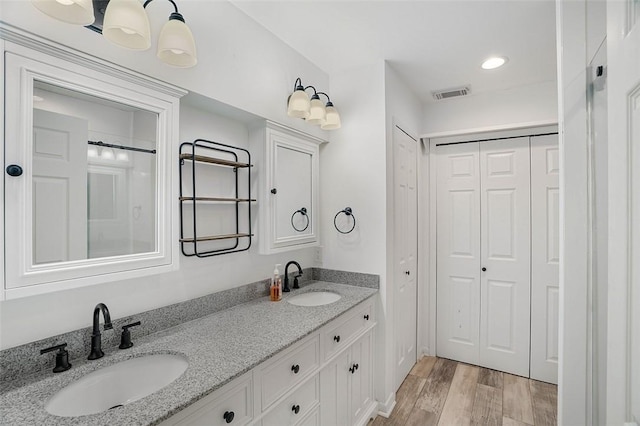 bathroom with wood-type flooring and vanity