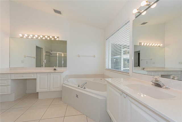 bathroom featuring vanity, tile patterned flooring, shower with separate bathtub, and lofted ceiling