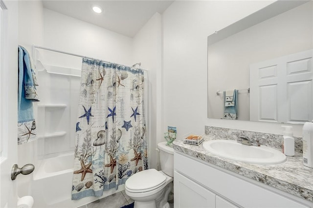 full bathroom featuring vanity, shower / bath combination with curtain, and toilet