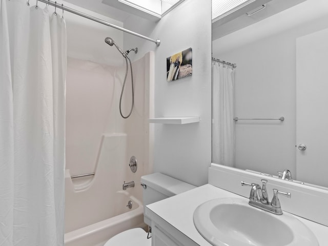 full bathroom with toilet, shower / tub combo, and vanity