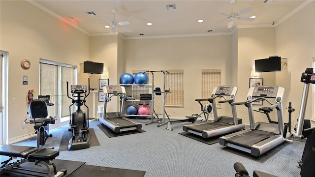 1274 River Reach Dr, Vero Beach, FL 32967 - workout area with ceiling fan, ornamental molding, recessed lighting, and a high ceiling