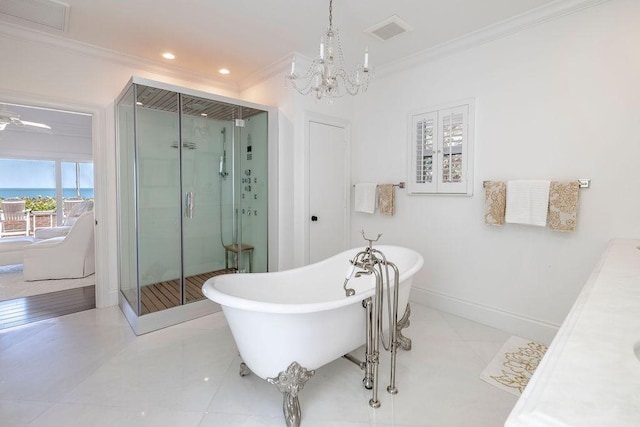 full bathroom featuring a soaking tub, visible vents, a shower stall, and crown molding