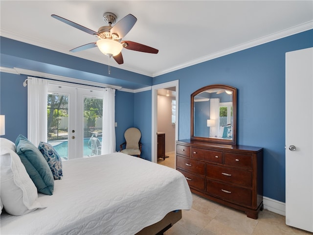 bedroom with a ceiling fan, french doors, baseboards, ornamental molding, and access to outside