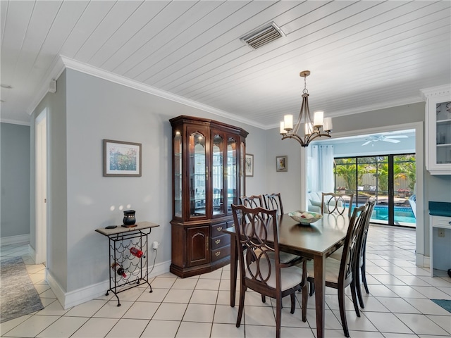 dining room with crown molding, ceiling fan with notable chandelier, light tile patterned floors, and visible vents