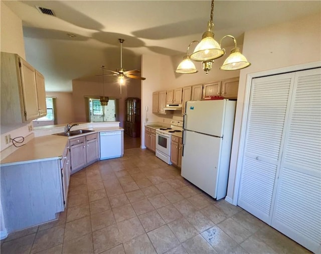 kitchen with white appliances, visible vents, a peninsula, a sink, and light countertops