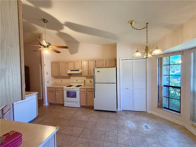 kitchen featuring under cabinet range hood, white appliances, light countertops, and vaulted ceiling