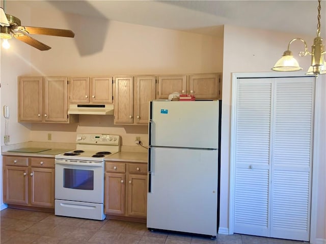 kitchen with a ceiling fan, under cabinet range hood, white appliances, light countertops, and lofted ceiling