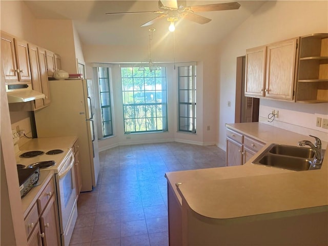 kitchen featuring a sink, open shelves, under cabinet range hood, white electric stove, and lofted ceiling