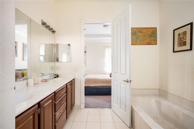 bathroom featuring tile patterned floors, vanity, a relaxing tiled tub, and crown molding