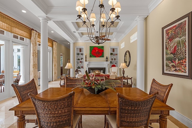 dining room with decorative columns, ornamental molding, coffered ceiling, beamed ceiling, and a chandelier