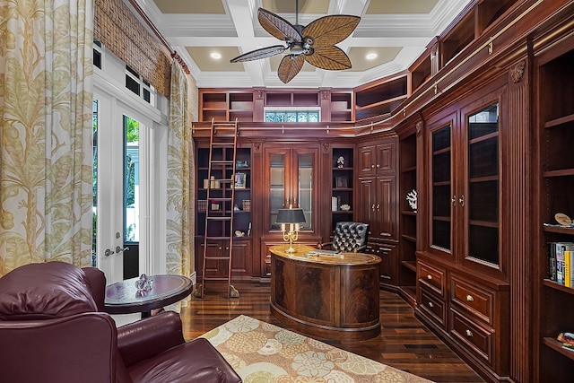 wine room with dark hardwood / wood-style flooring, ornamental molding, and coffered ceiling