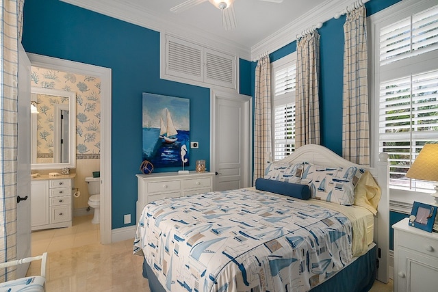 bedroom with multiple windows, ceiling fan, and ornamental molding