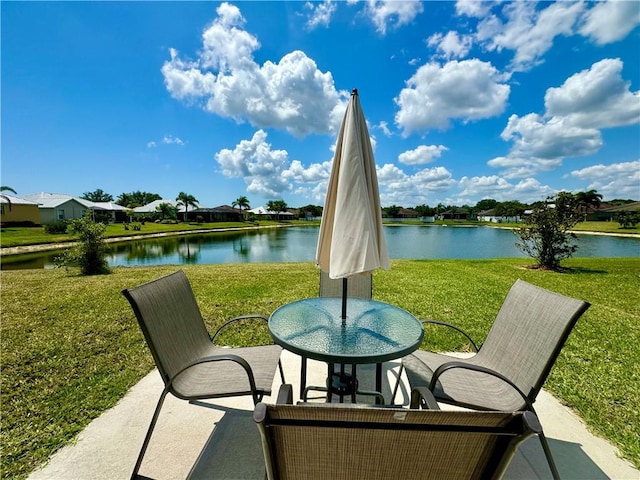 view of patio with a water view