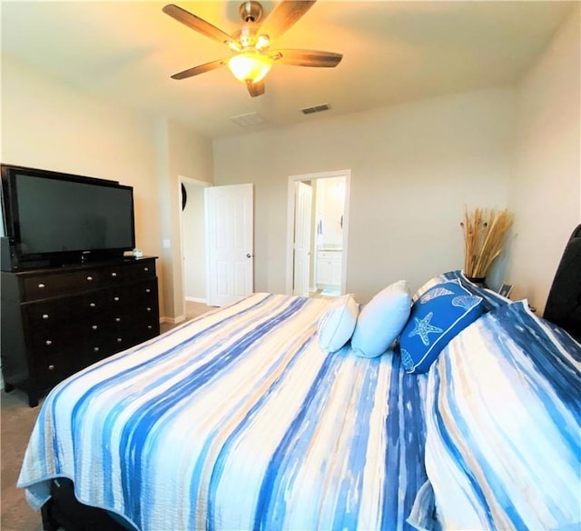 carpeted bedroom with ceiling fan