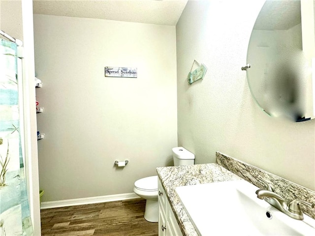 bathroom with vanity, wood-type flooring, a textured ceiling, and toilet