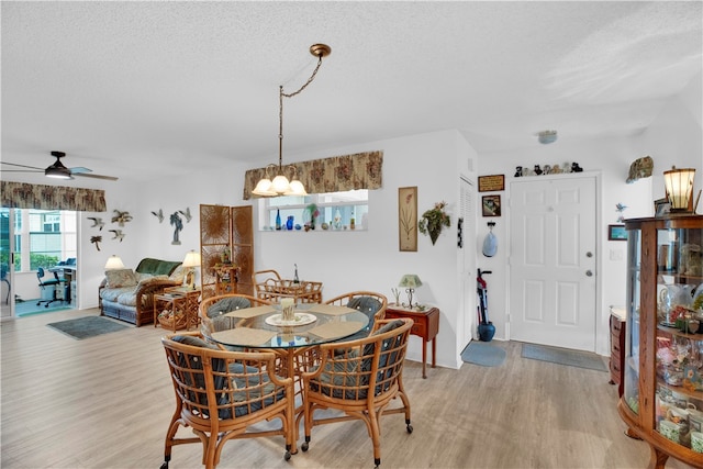 dining space with a textured ceiling, light hardwood / wood-style flooring, and ceiling fan with notable chandelier