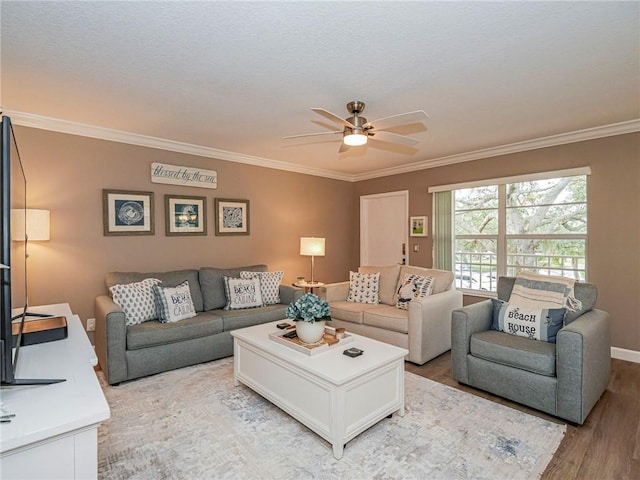 living room with light hardwood / wood-style floors, ceiling fan, and crown molding