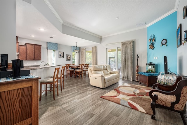 living room with ornamental molding, a textured ceiling, and light wood-type flooring