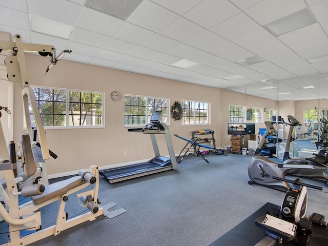 workout area featuring carpet floors and a paneled ceiling