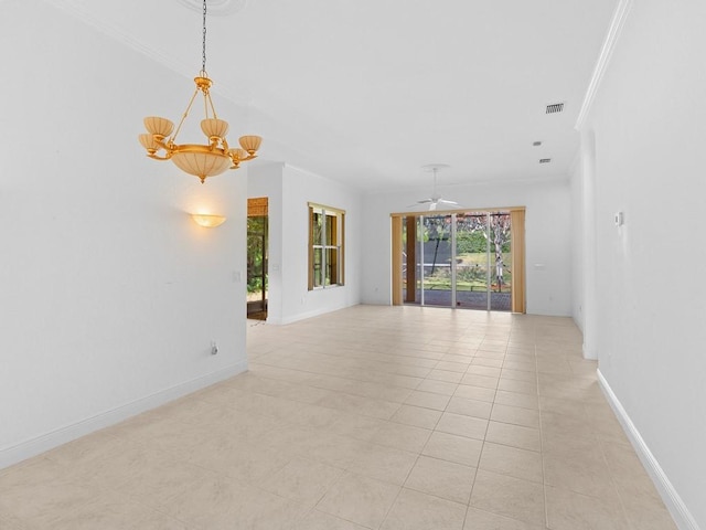 empty room featuring ceiling fan with notable chandelier, light tile patterned floors, and ornamental molding