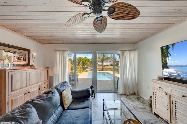 living room featuring wood ceiling and ceiling fan