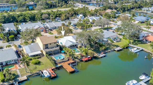 aerial view featuring a water view