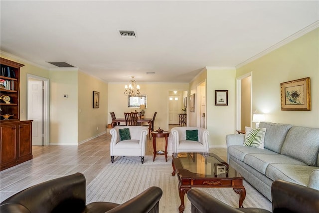 living room featuring crown molding, a chandelier, and light tile patterned floors