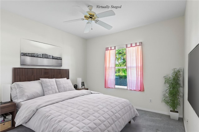 bedroom featuring carpet flooring and ceiling fan