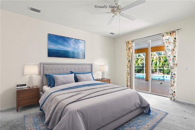 bedroom featuring ceiling fan, access to exterior, and light colored carpet