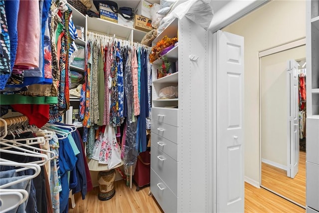 walk in closet with wood-type flooring