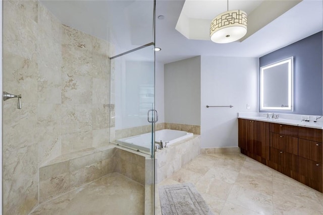 full bath with a garden tub, vanity, a stall shower, and tile patterned flooring