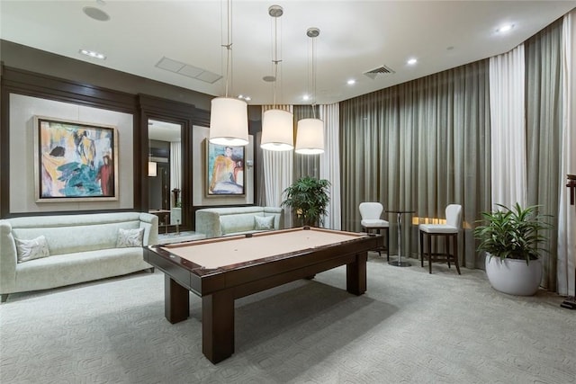 game room with light carpet, billiards table, and recessed lighting